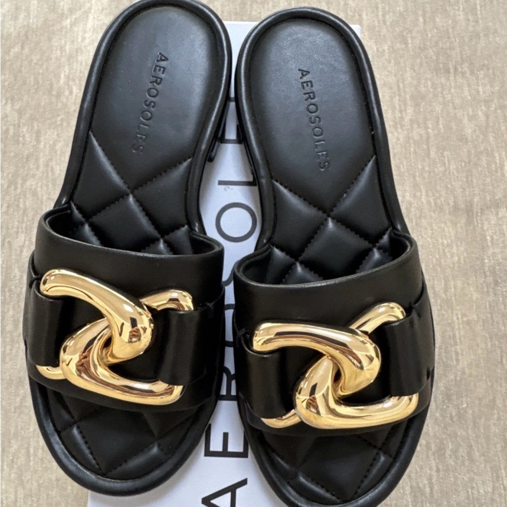 Aerosoles Women’s Black Sandals Slip On Shoes Flats New Size 5